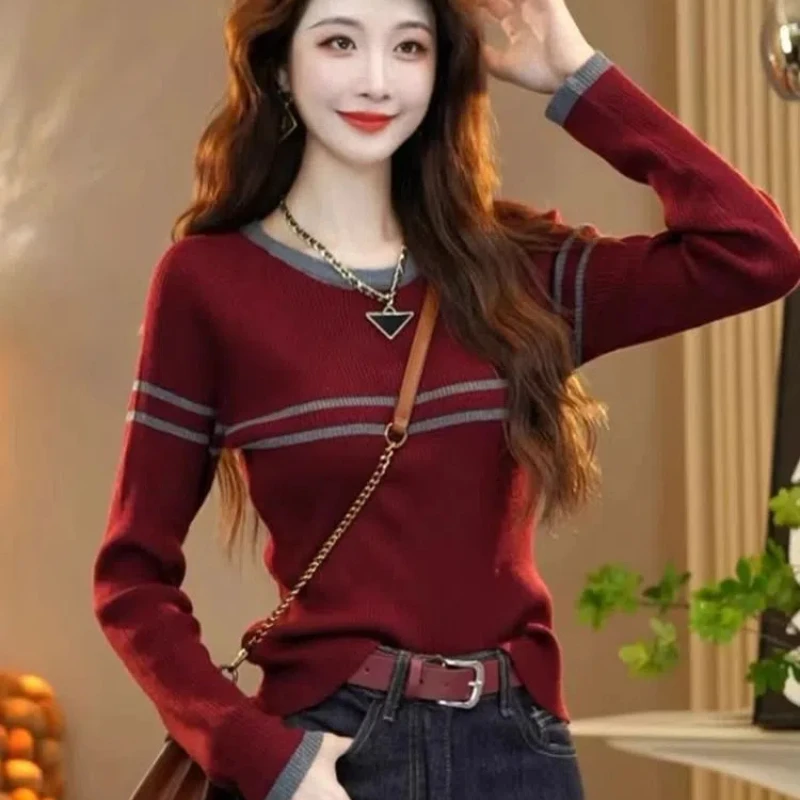 New Striped Knitted Sweater Slimming Korean Version Versatile and Western-style Base Shirt Niche Internet Celebrity Round Neck