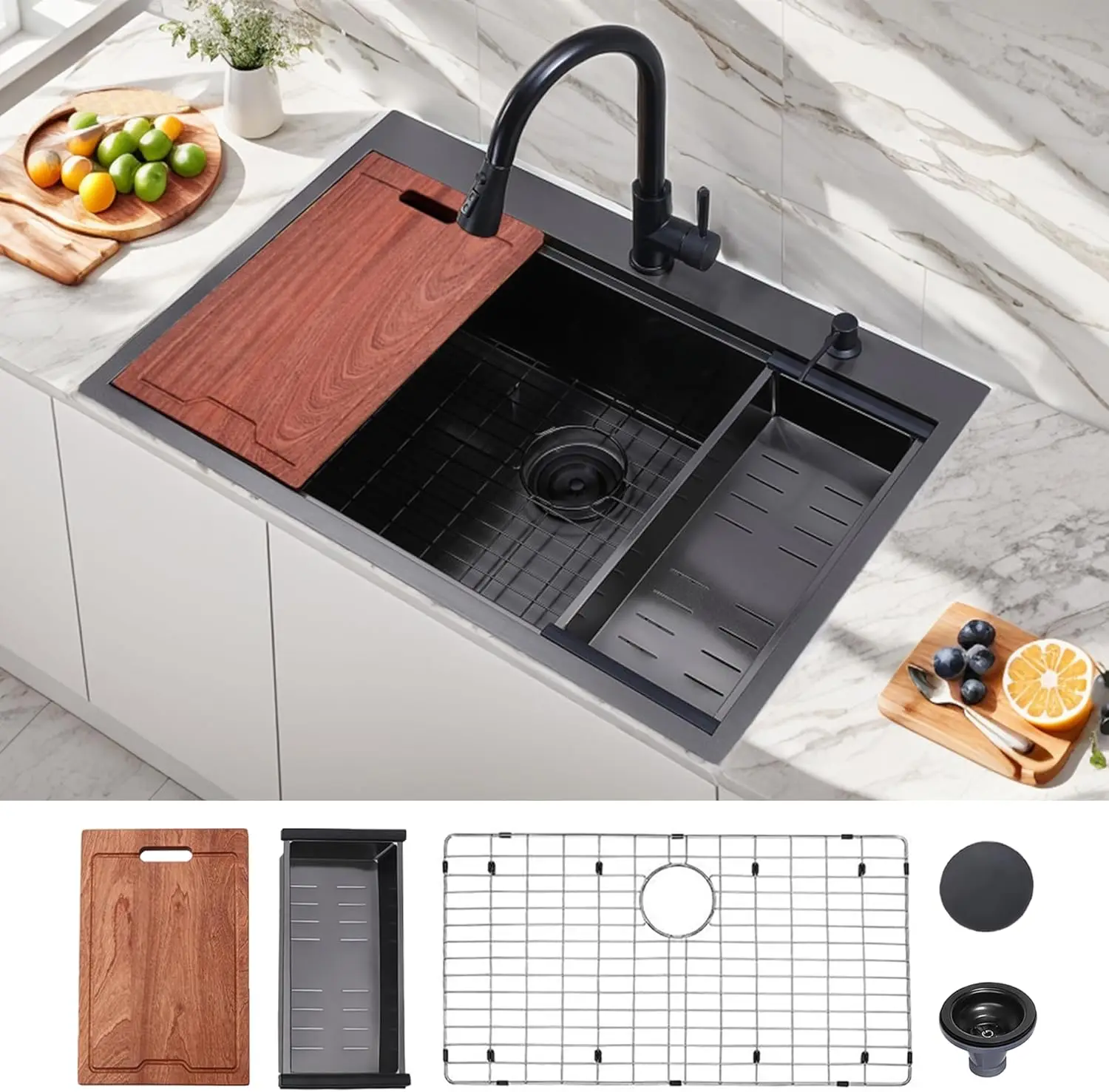 

33 Drop In Black Workstation Kitchen Sink, Vapsint 33X22 Inch Drop In Gunmetal Black Stainless Steel Kitchen Sink, Topmount