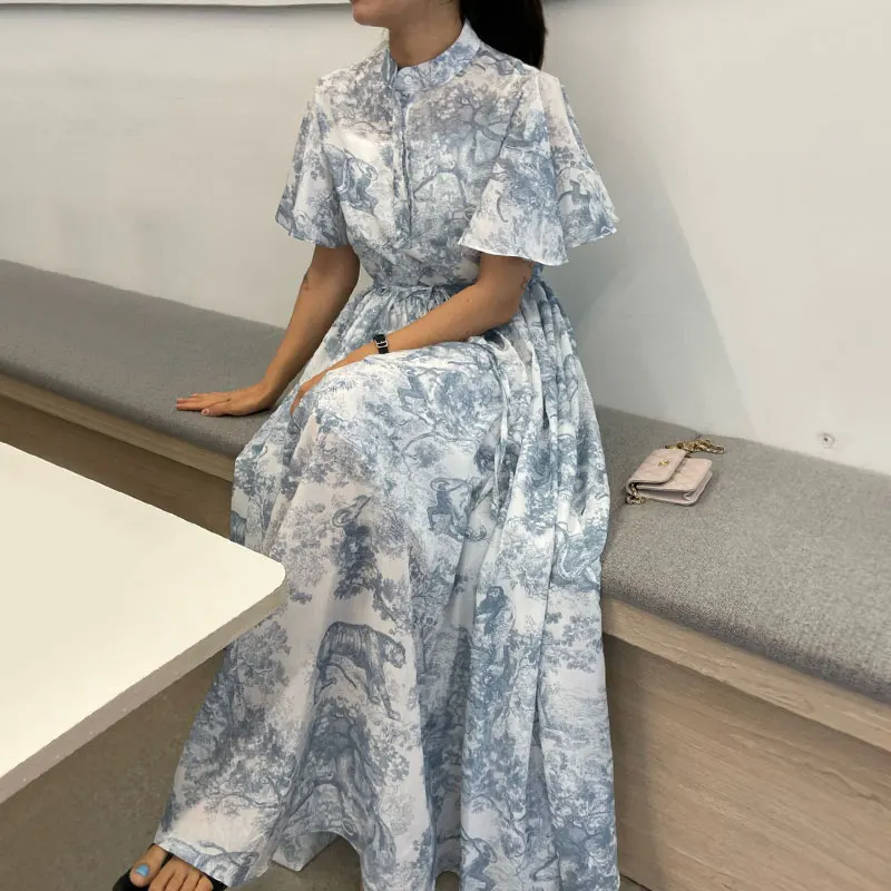 2024 Summer Printed Chiffon Long Maxi Dress donna elegante Vintage Fashion coulisse manica corta colletto alla coreana abiti da donna