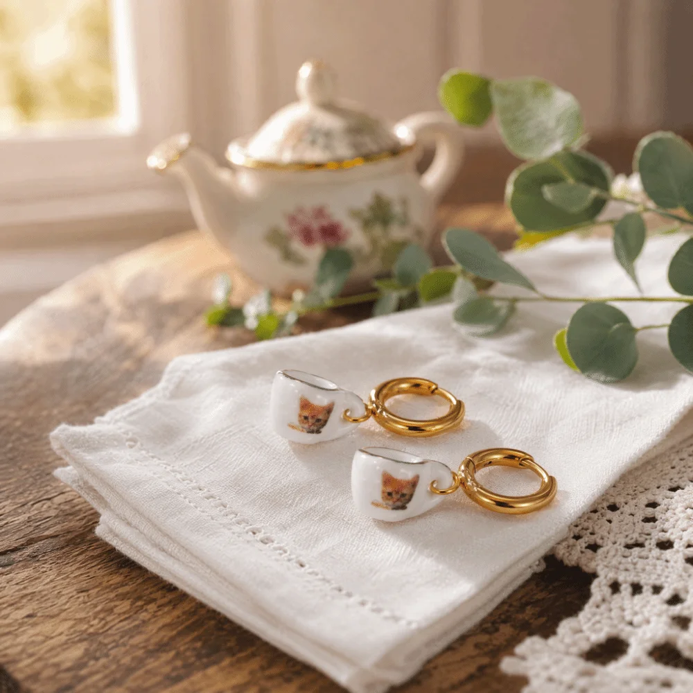 Dripping Oil Ginger Cat Pattern Hoop Earrings Cute Y2K Plate Teacup Tea Pot Ear Buckle Stainless Steel Sweet Porcelain Earrings