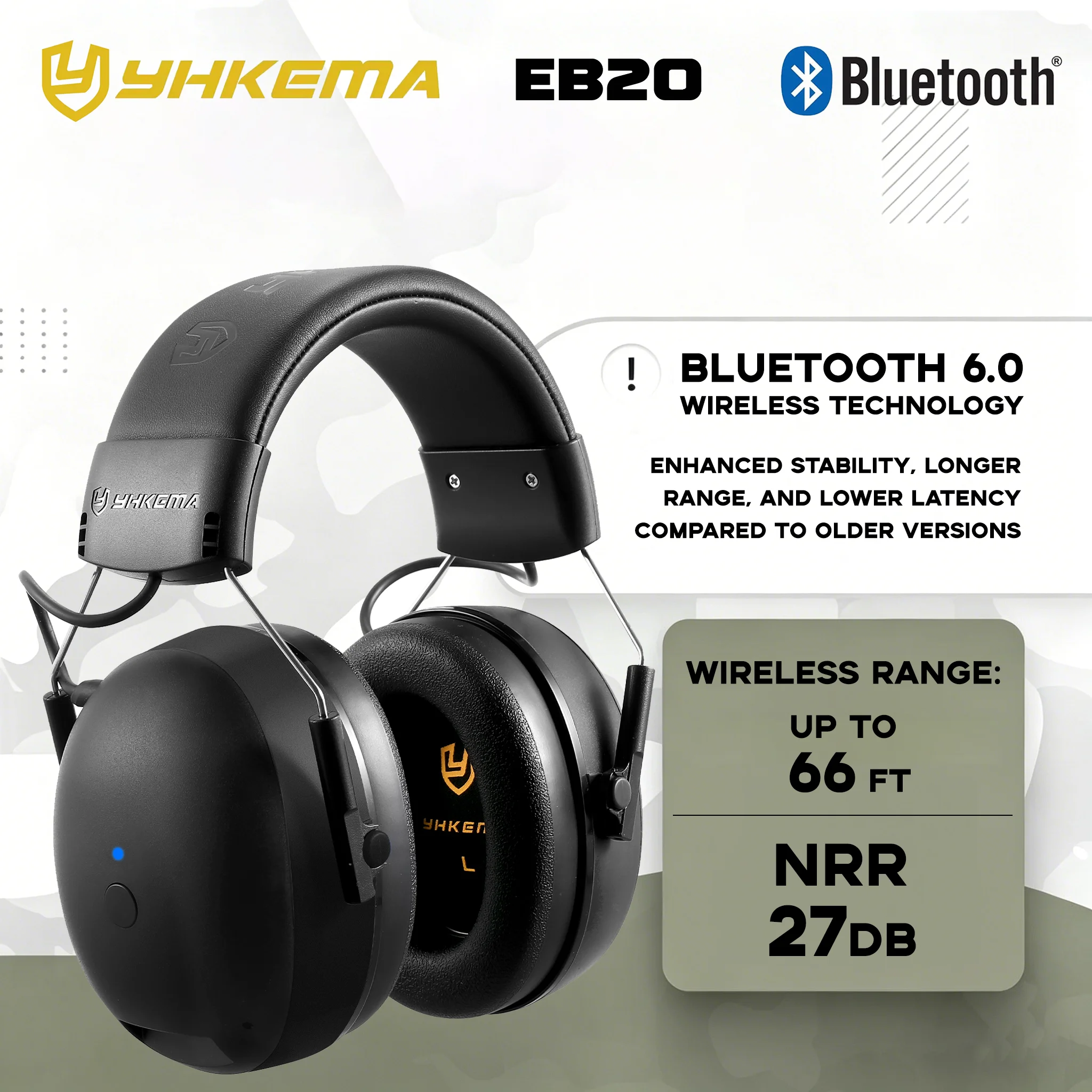 YHKEMA Electronic Headphone 6.0 Bluetooth Earmuffs Hearing Protection Headphones for Music Safety Noise Reduction Charging