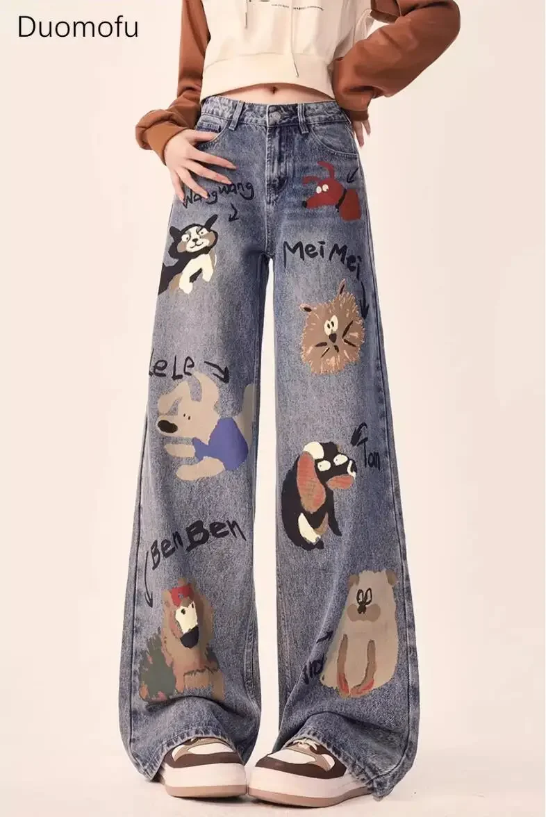 

Duomofu Autumn Plush Style Chic Sweet Graffiti Loose Female Jeans New Basic High Waist Slim Casual Straight Fashion Women Jeans