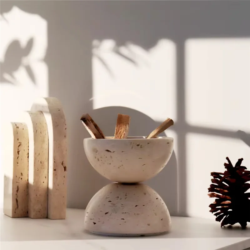 AB45 Beige Travertine Sphere Incense Burner Natural Marble Stone Home Decoration, Religious Round Ornament