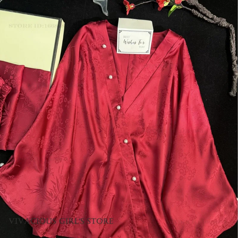 Women Red Satin Pajama Set V Neck Long Sleeve Bamboo Floral Jacquard Pearl Button Luxury Sleepwear Elegant Ladies Loungewear