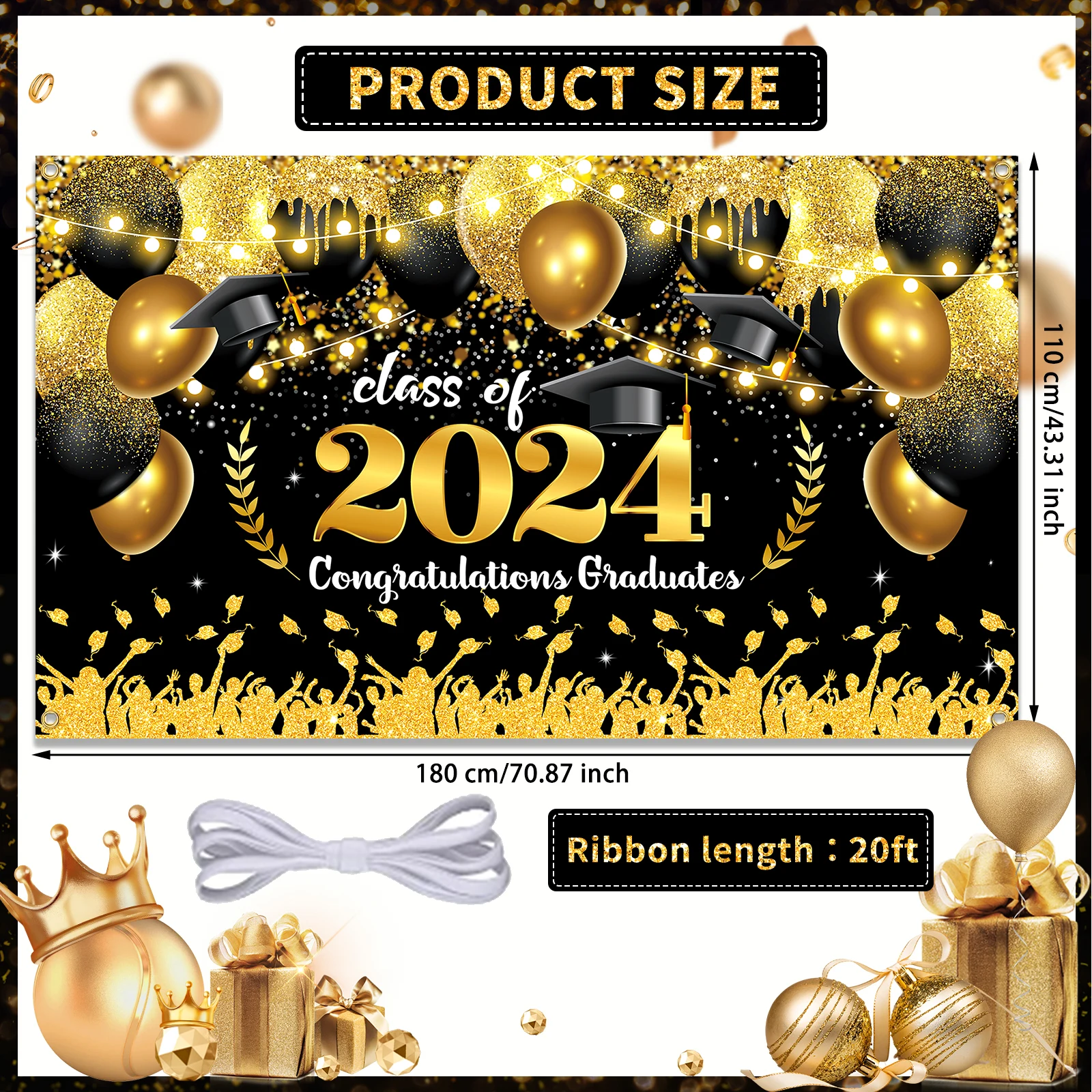 Class 2024 for Congrats Grad Banner Backdrop Decor Set for Graduation Party Supplies Black and Gold Graduation Banner.