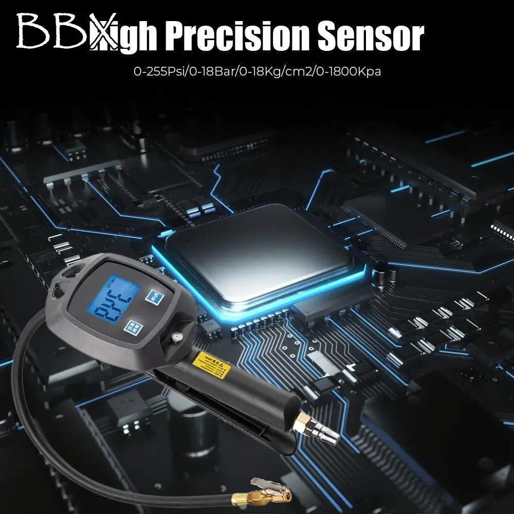 

0-255 Psi Tire Pressure Gauge High-precision Monitoring Inflator Hose Nozzles Tire Air Pump 18 Bar Tester LCD Car Repair Tools
