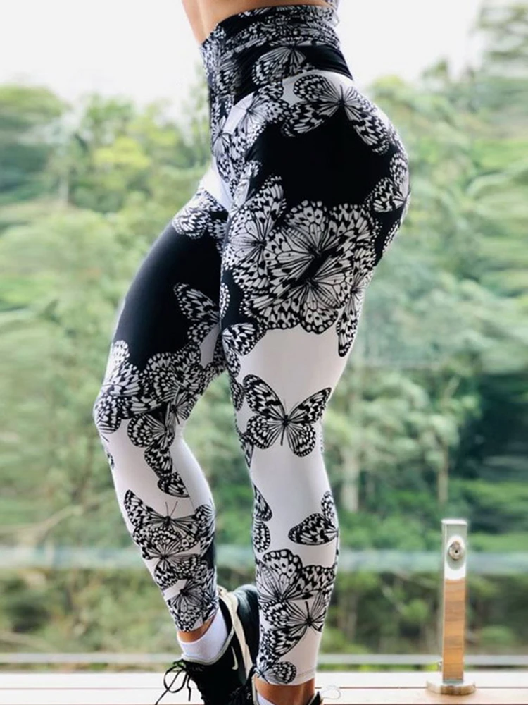 Yoga Pants Gym Outfits Workout Clothes Black White Butterfly Print Women Jogging Fitness Leggings Sport Fashion Wear Stretch