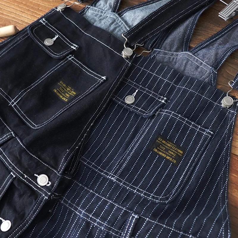 Amekaji Vintage Jeans Men Autumn Winter New Multi-pocket Plain Striped Overalls Straight Denim Jeans Retro Casual Long Trousers