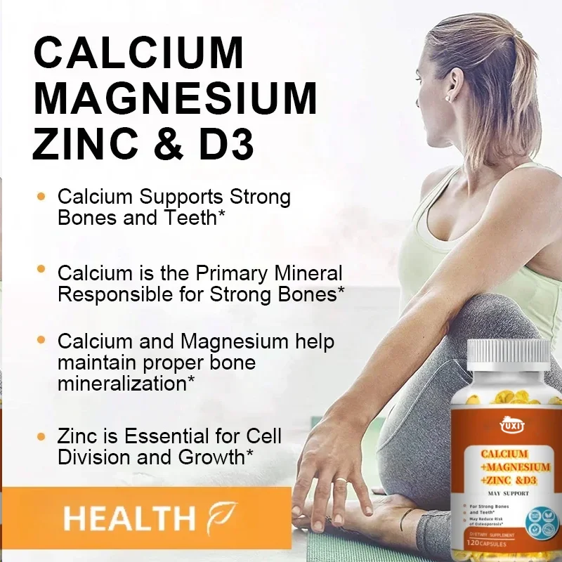 YUXIT Calcium Magnesium Zinksupplement, met vitamine D3, sterke botten en tanden, gemakkelijk te slikken capsules