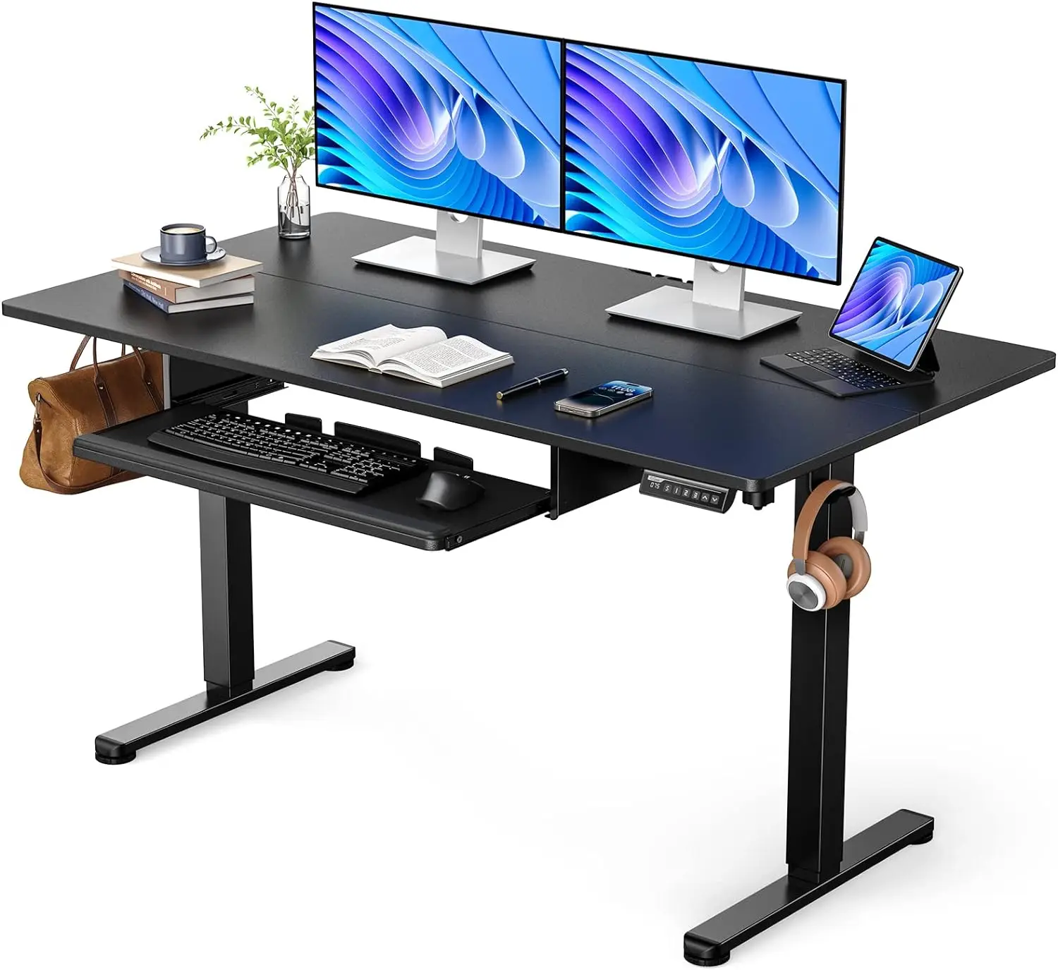 Electric Standing Desk with Keyboard Tray, 55x28 Inches Adjustable Height Sit Stand Up Desk, Home Office Desk Computer