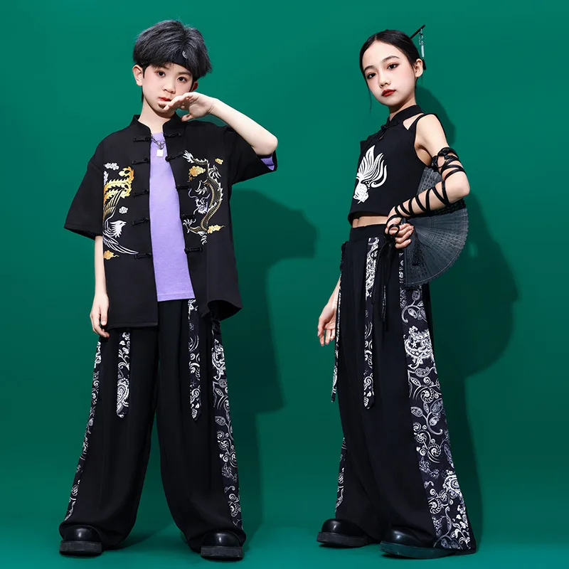 Jongens Chinese Draak Stijl Pak Kinderen Hip Hop Kleding Zwarte Top Brede Broek voor Meisjes Dans Kostuum Kleding