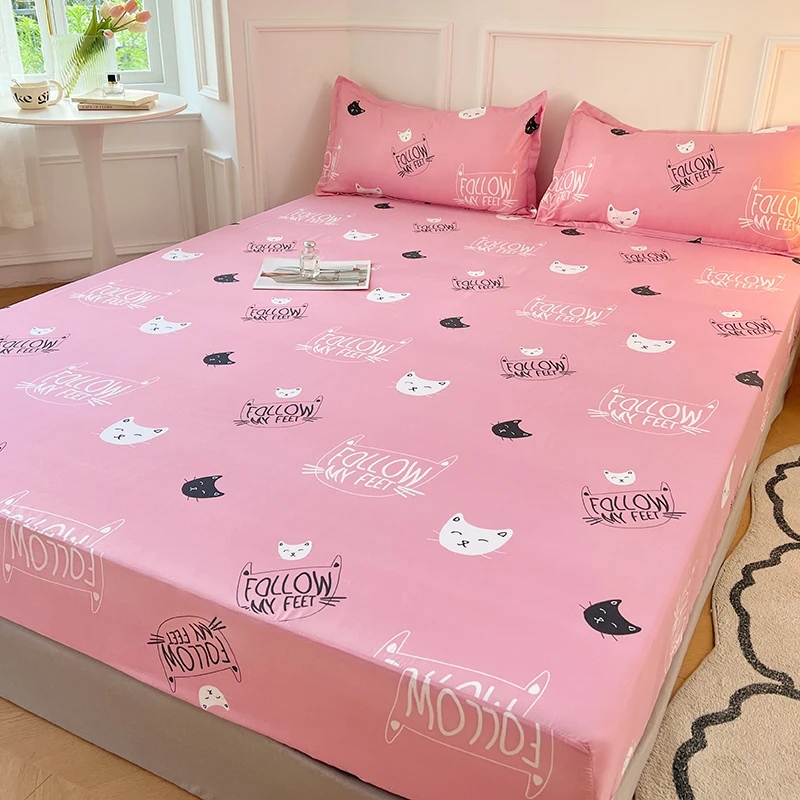 Cute Cat Kitten Fitted Sheet Kids Bed Sheet Set Teens Pink Kawaii Pet Animal Bedding Set for Children Bedroom Decor Bed Covers