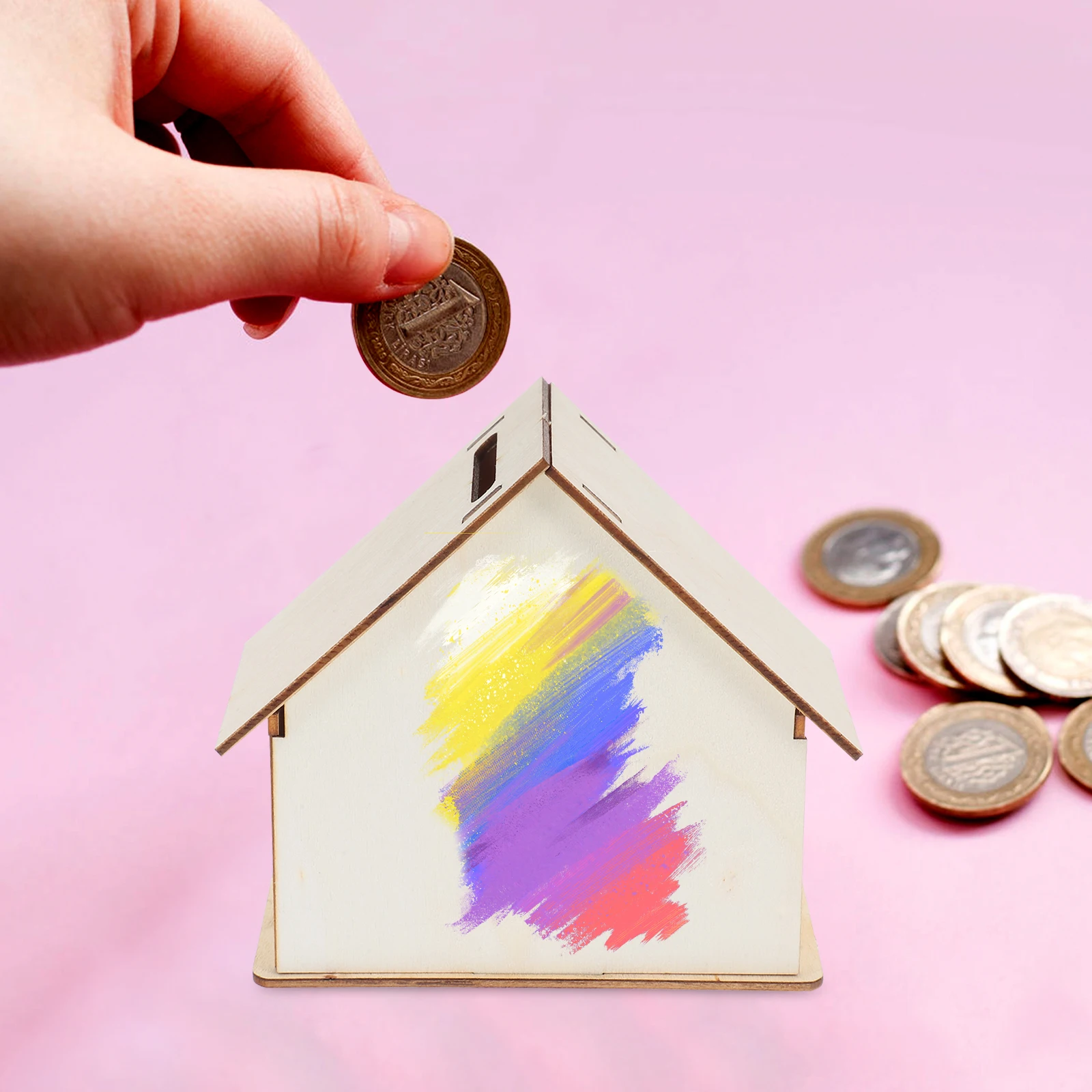 

5pcs Wooden Doodle DIY House Shaped Piggy Unfinished Coin Bank Kids Saving Box Children Piggy Bank Change Container