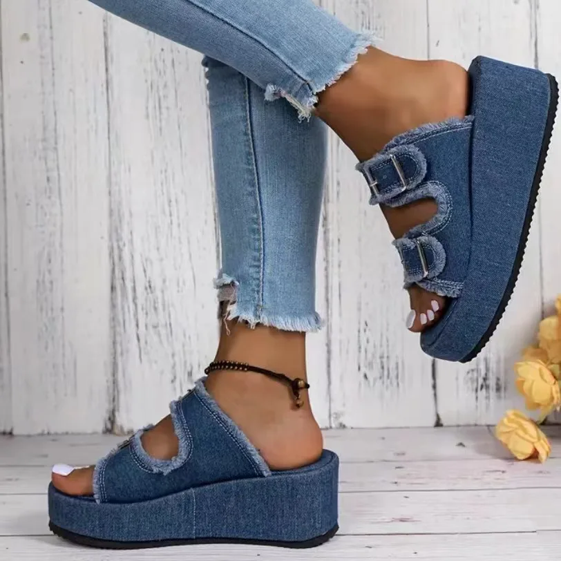 Cowboy Wedges Slippers Shoes Women High Heels Platform Sandals Buckle Flip Flops 2024 Summer Fashion Pumps Zapatos Mujer Slides