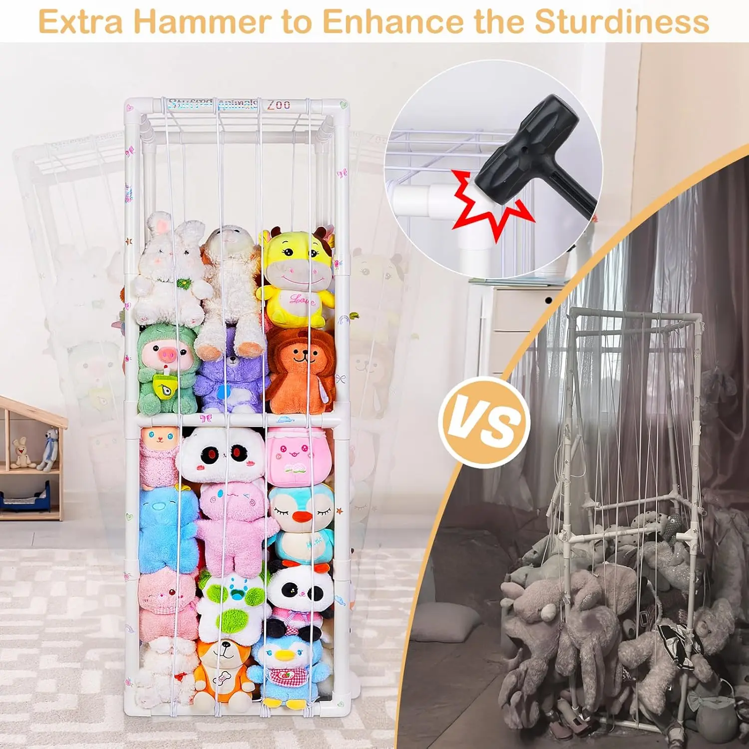 Large Stuffed Animals Storage Organizer with Elastic Band, Thicken PVC Tube Zoo for Bedroom Living Room Plush Storage, White view 2