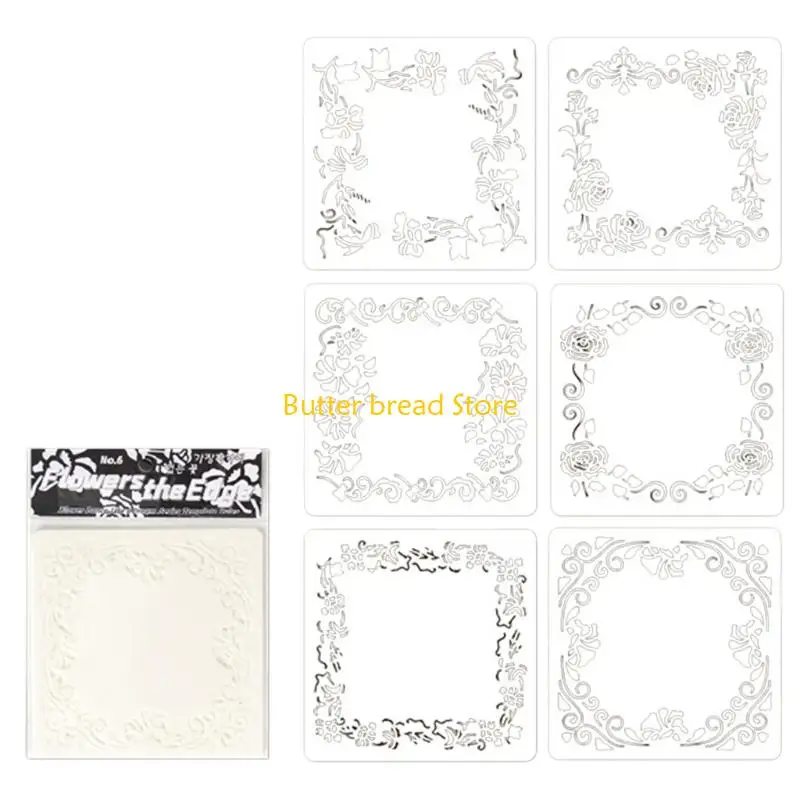 W89C 6Pcs Washable PET Stencils 5x5Inch Hollowed Flower Drawing Templates for Craft