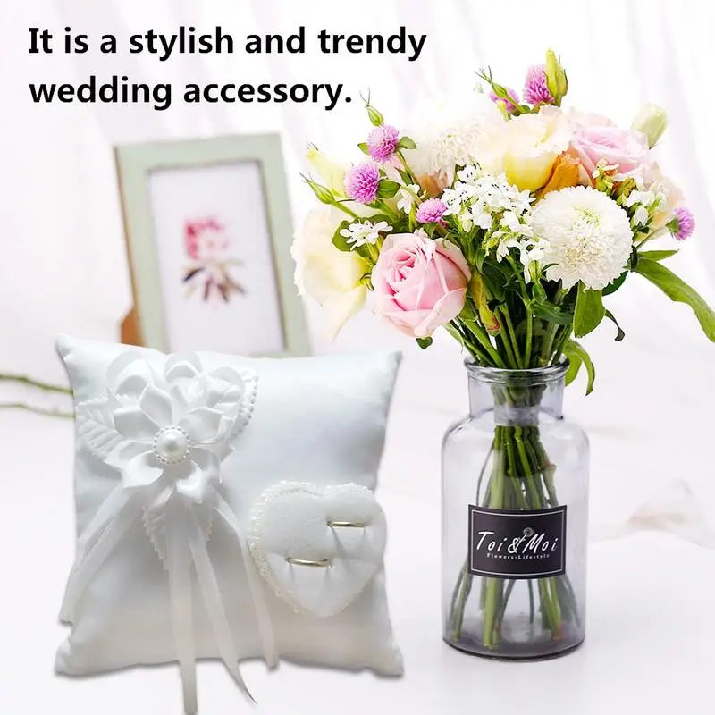 Stylish Wedding Ring Pillow Romantic White Square Flower Ring Camellia Heart Shaped Cushion Marriage accessories for Wedding