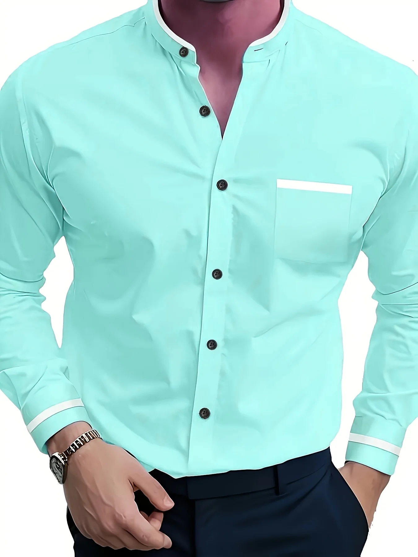 

Men's Solid Light Blue Stand-Up Collar Long-Sleeve Shirt for Spring and Autumn, Business Casual Style, Color-Blocked Slim-Fit Shirt with Button and Pocket Design, Versatile, Fashionable and Simple Top