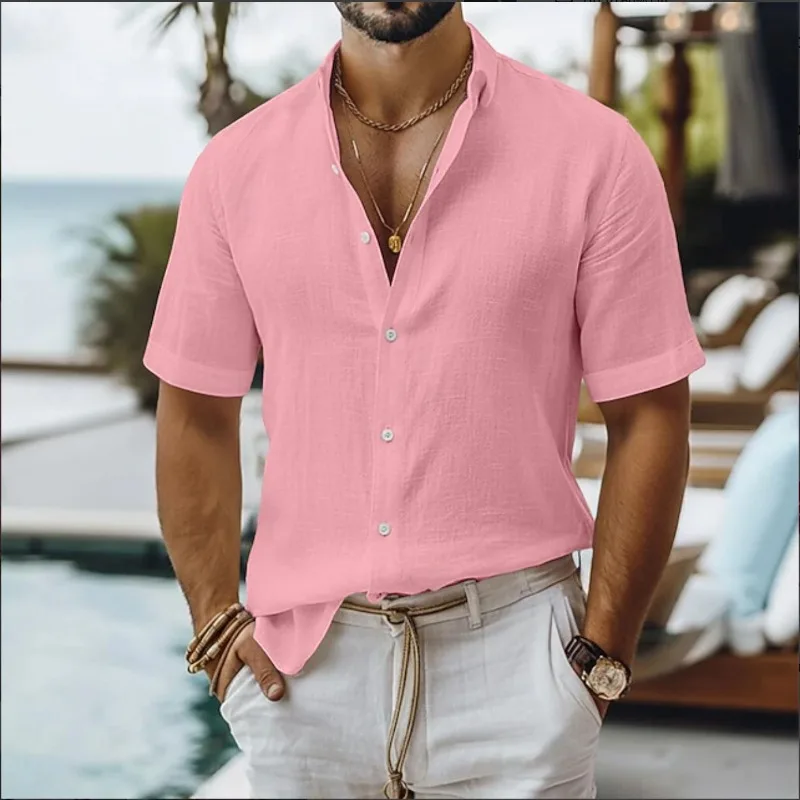 

Men's Summer Linen Shirt Short Sleeve Solid Color Casual Beach Button Down Shirt