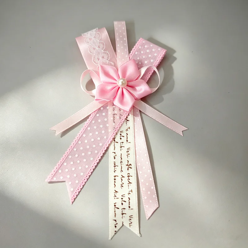 Handmade Lace Bow Ornament, Fabric Flower Brooch Accessory, Ribbon Decor Badge Pin, Polka Dot Ribbon with Printed Text Ribbon, Bag Decoration Ornament, Delicate Lace Fabric Details, Hobby Collection Decor Accessories
