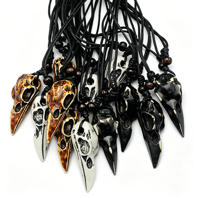 RUEMOY 12Pcs Raven Crow Skull Necklaces Set Resin Faux Bone Material 3 Color Options Adjustable Wood Bead Black Braided Cord