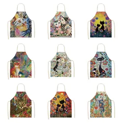 Flower Kitchen Cooking Apron Cute Cat Printed Home Sleeveless Cotton Linen Aprons for Men Women Baking Accessories