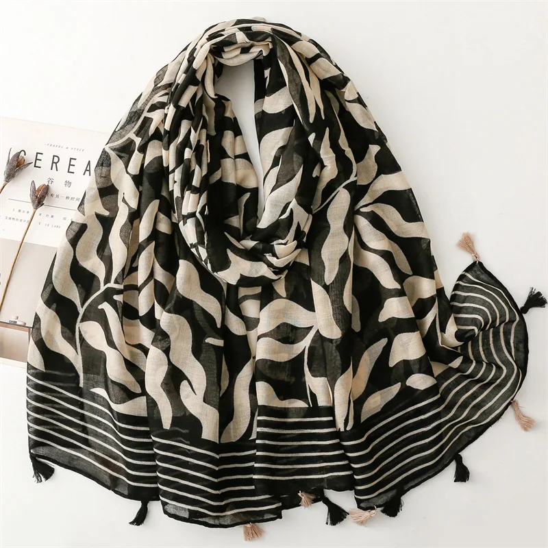 

Luxury Women Leaf Scarf Summer Beach Shawl Cotton Linen Feeling Tassel Pashmina Muslim Hijab Wrap Lady Viscose Scarf