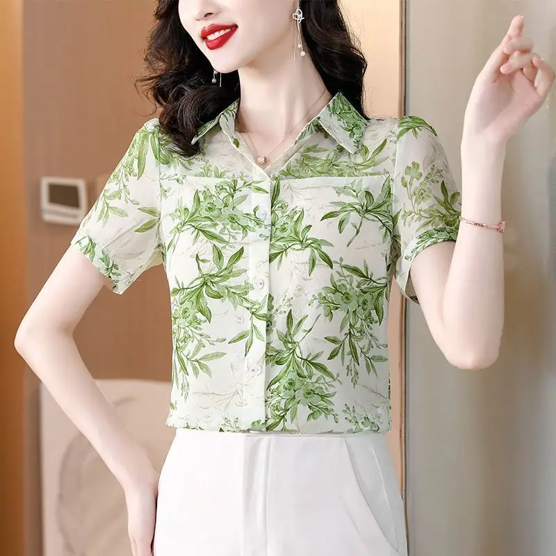 2024 New Summer Retro Loose Casual Office Lady Chinese Style Women's Shirt Printed Bamboo Button V Neck Short Sleeve Y2K Tops