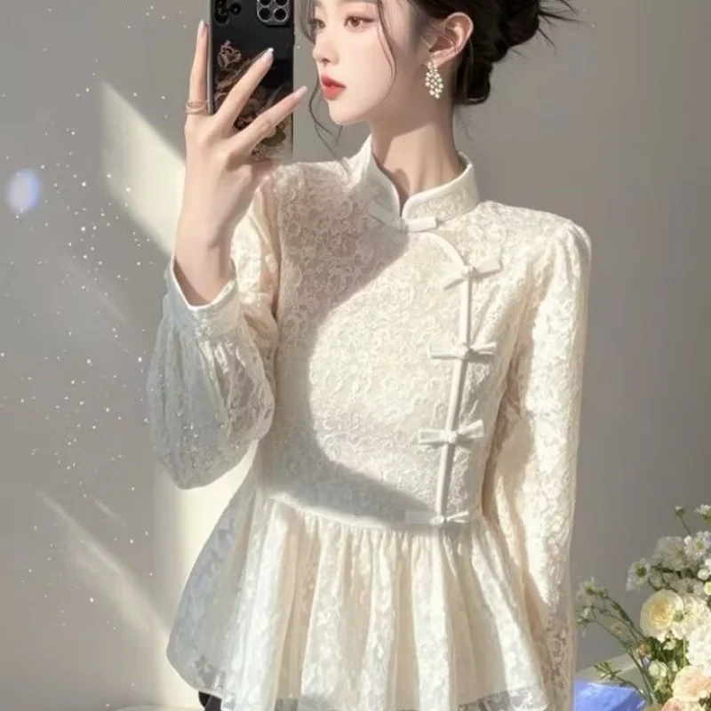 

2025 Women's New Stitched Stand Collar Button New Chinese Fashion Solid Color Casual Lace Long Sleeve Top