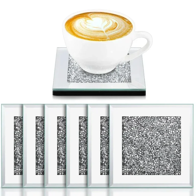 

6Pcs Glass Crystal Coasters Set Square Crushed Diamond Mirror Coaster 4 Inch Luxury Cup Mat for Kitchen Dining Table Home Coffee
