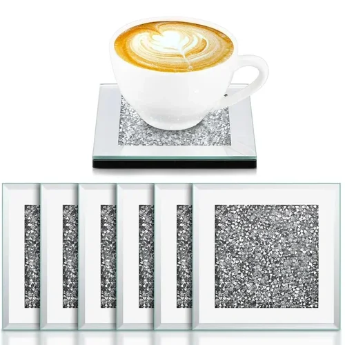 유리 크리스탈 컵 받침 세트, 사각형 분쇄 다이아몬드 거울 코스터, 4 인치 럭셔리 컵 매트, 주방 식탁 홈 커피용, 6 개