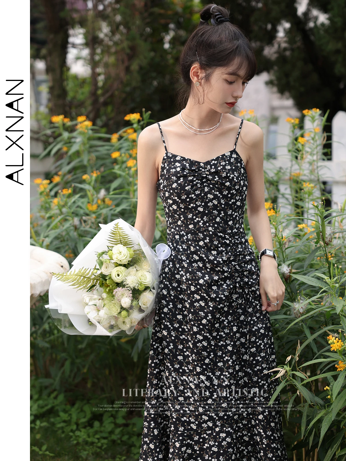 ALXNAN Frenchy Disty Floral Print Spaghetti Strap Dress Women 2024 Summer Elegant Chic Tie Waist Midi Slip Dresses LXN28720