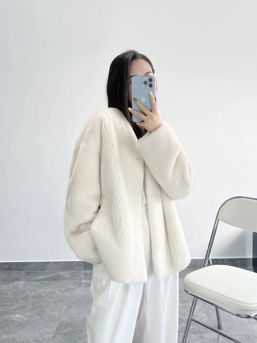 Purple Standard Velvet Marten Overcoats Women's Whole Mink V-neck Mink Fur Female Mink Short Coat