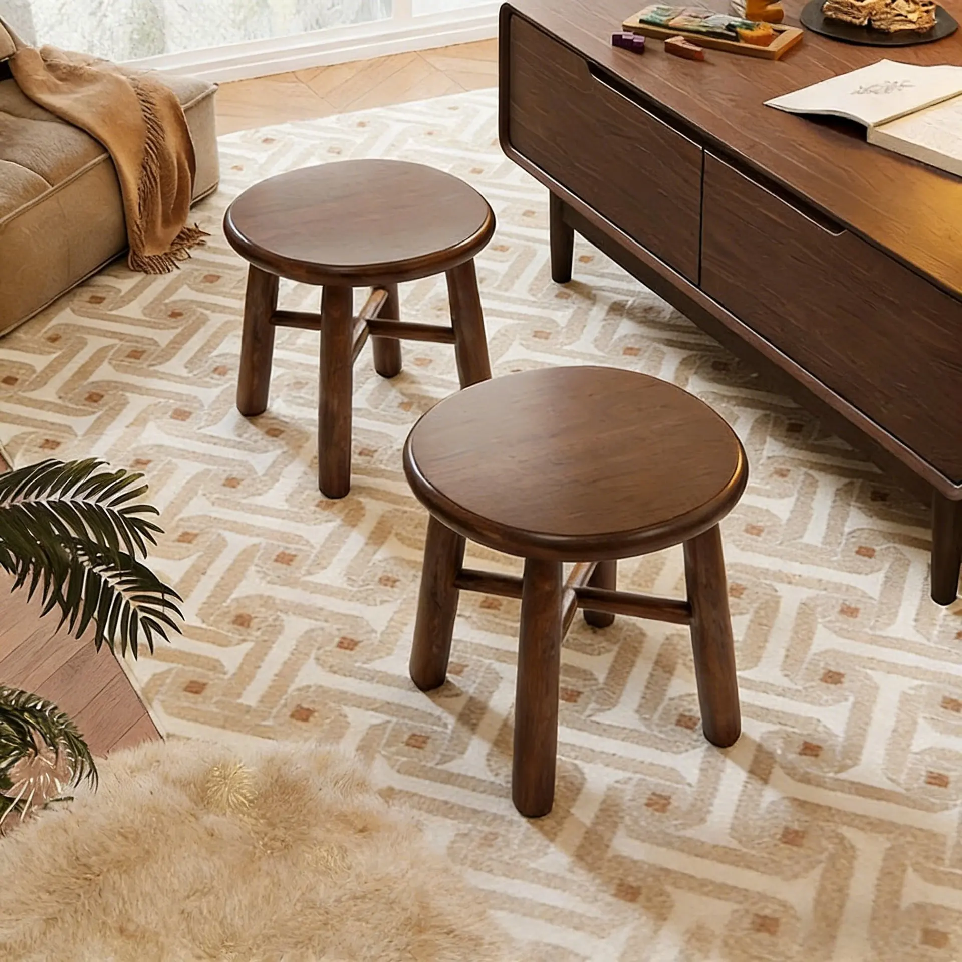 Solid wood living room entrance household round sofa stool