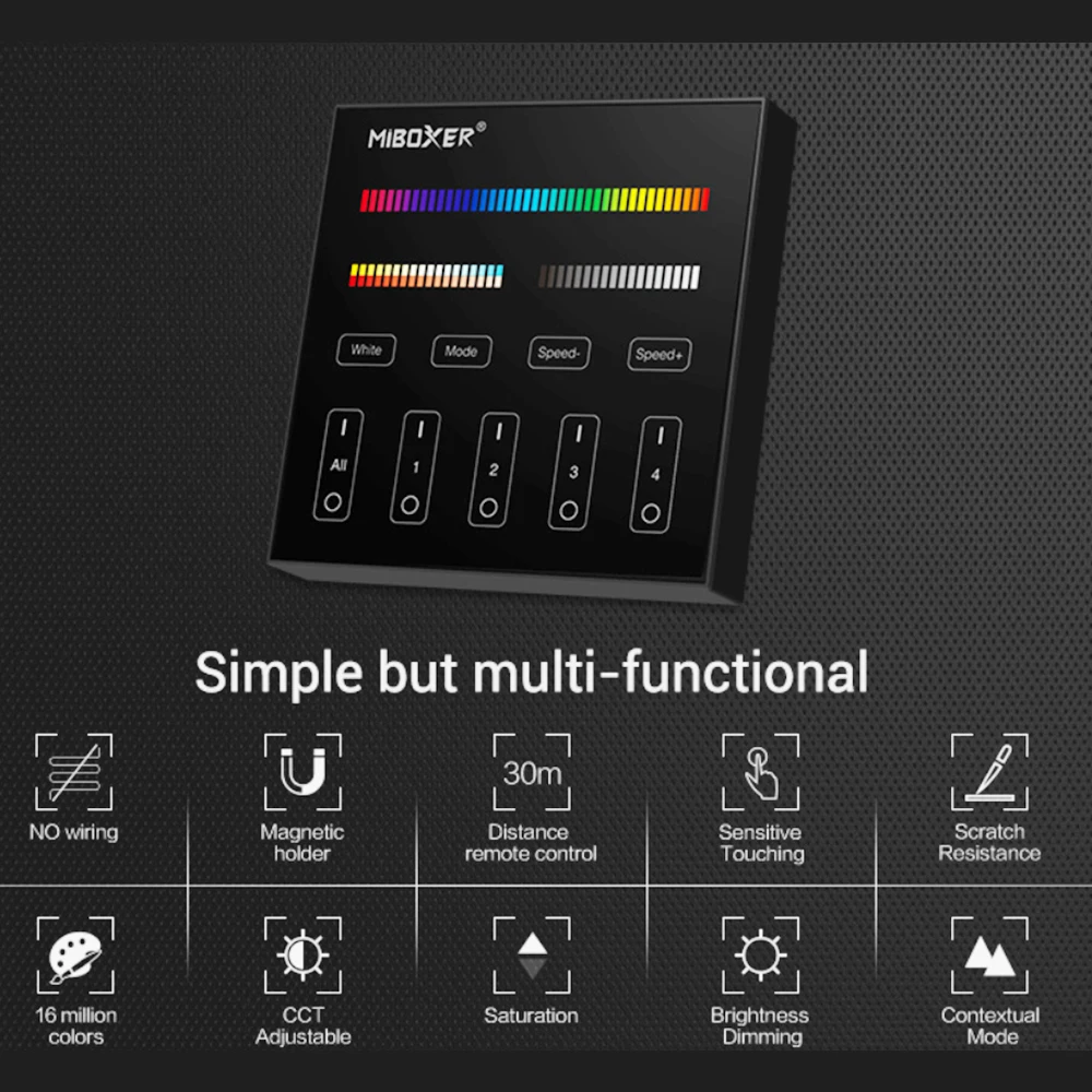 Miboxer B4 2.4GHz Smart 4-Zone 86Touch Panel Adjust Brightness Timable Switch RGB+CCT For Led Controller Panel Light Bulb