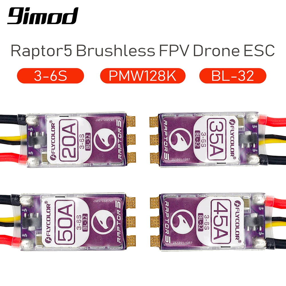 

FLYCOLOR Raptor5 Brushless ESC 3-6S Drone ESC 32Bit G701 PWM 128K Single 20A 35A 45A 50A ECS Dshot Proshot for FPV Racing Drones