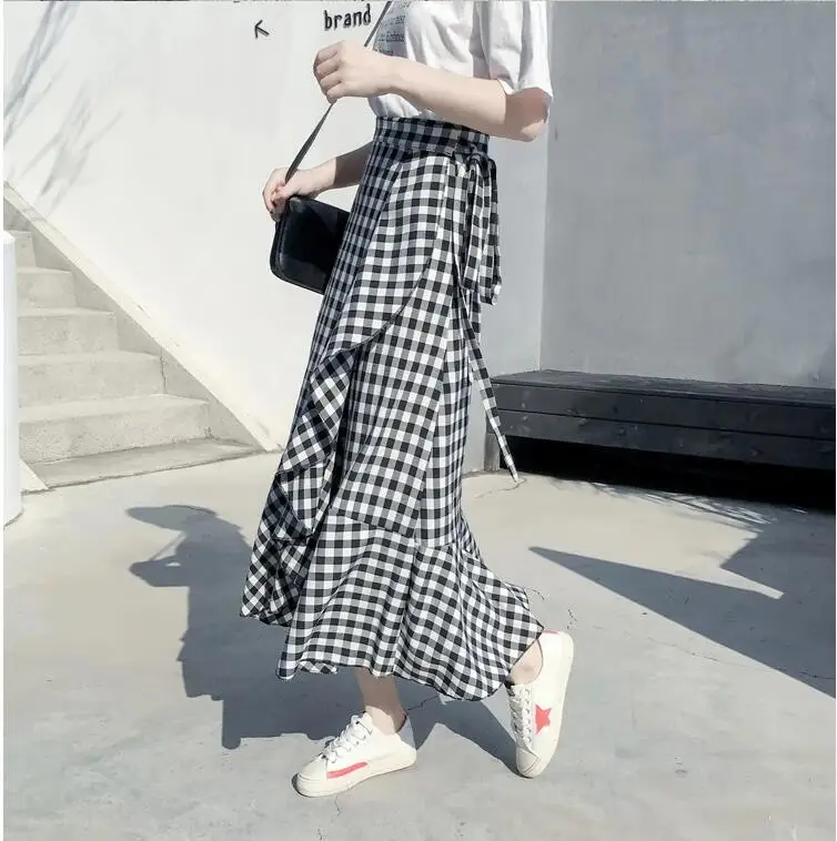 

1 Pcs Vintage Plaid Skirts Women Harajuku High Waist Irregular Midi Long Skirts Ladies Summer Ruffle Skirt Skater Jupe Femme