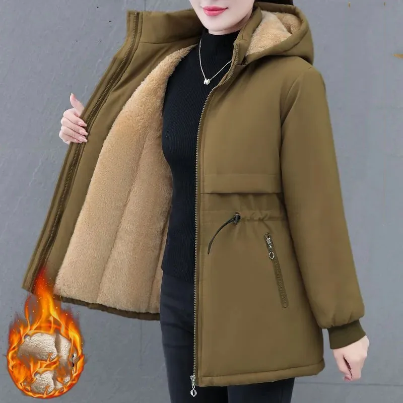 

New Female Parka 2025 Winter New Korean Plush Thicken Women's Cotton Jacket Ladies Warm Hooded Coat Mid length Casual Overcoat