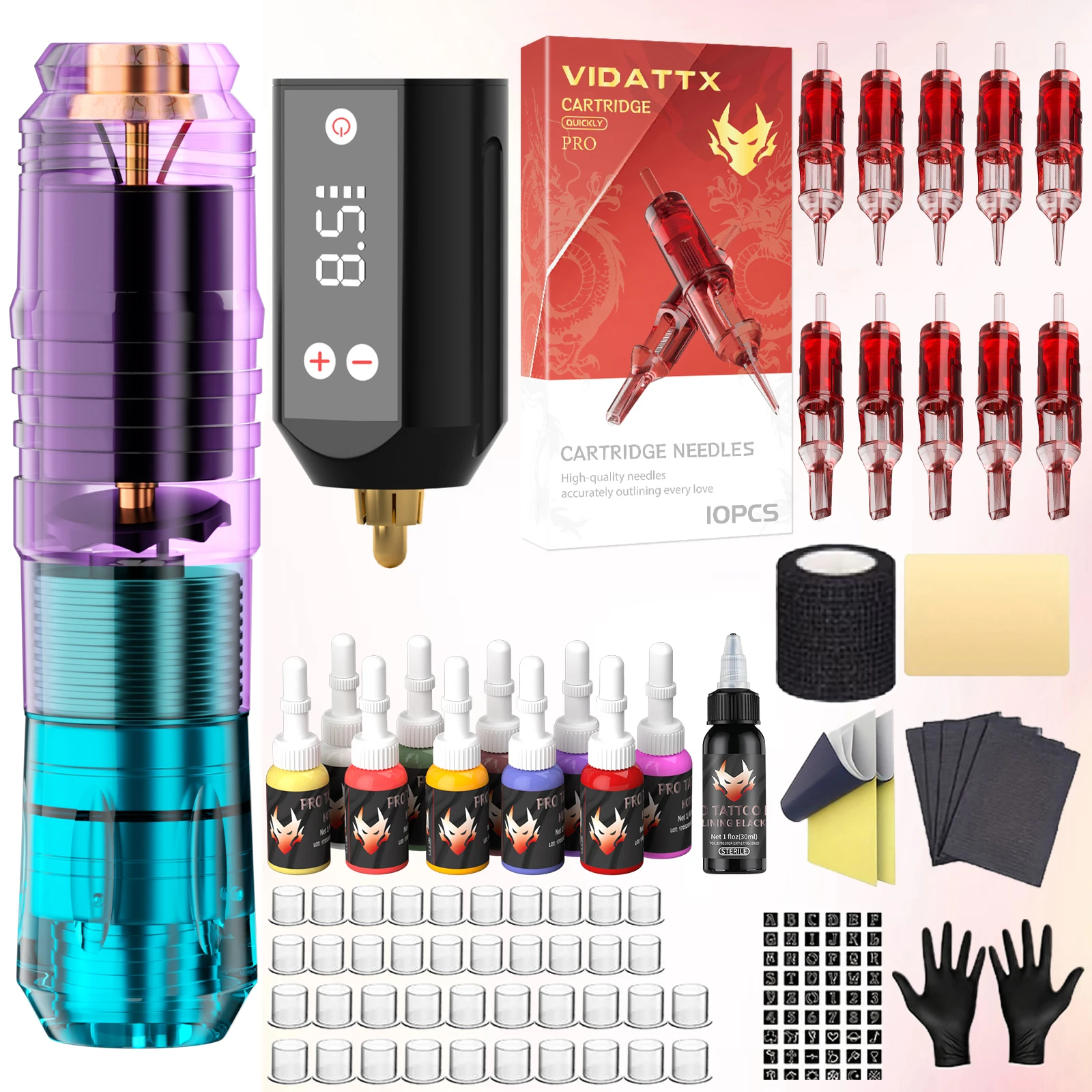 

Набор для татуировки VIDATTX, крутой набор ручек для татуировки с градиентом, 10 шт., иглы для татуировки, мощный беспроводной источник питания для татуировки, комплект тату-машины