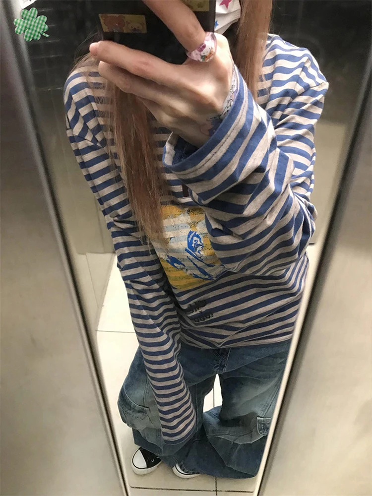 American Style Long Sleeve  Neck Striped Contrast Color Printed T-Shirt Women's Retro Trendy Base Shirt for Spring