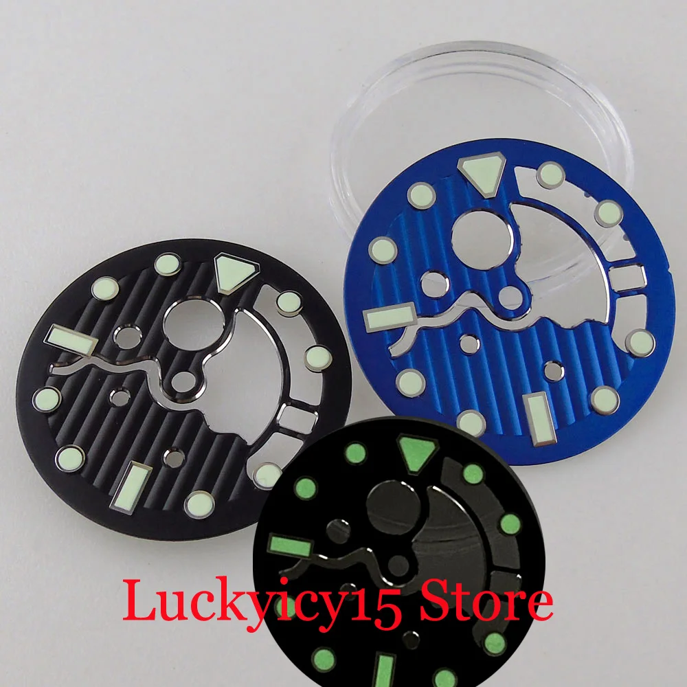 Fit For SKX NH35 NH36 Movement Skeleton Moon Deign Dial 29mm Black/Blue Sterile Pinstripe Watch Face Hands Green Luminous