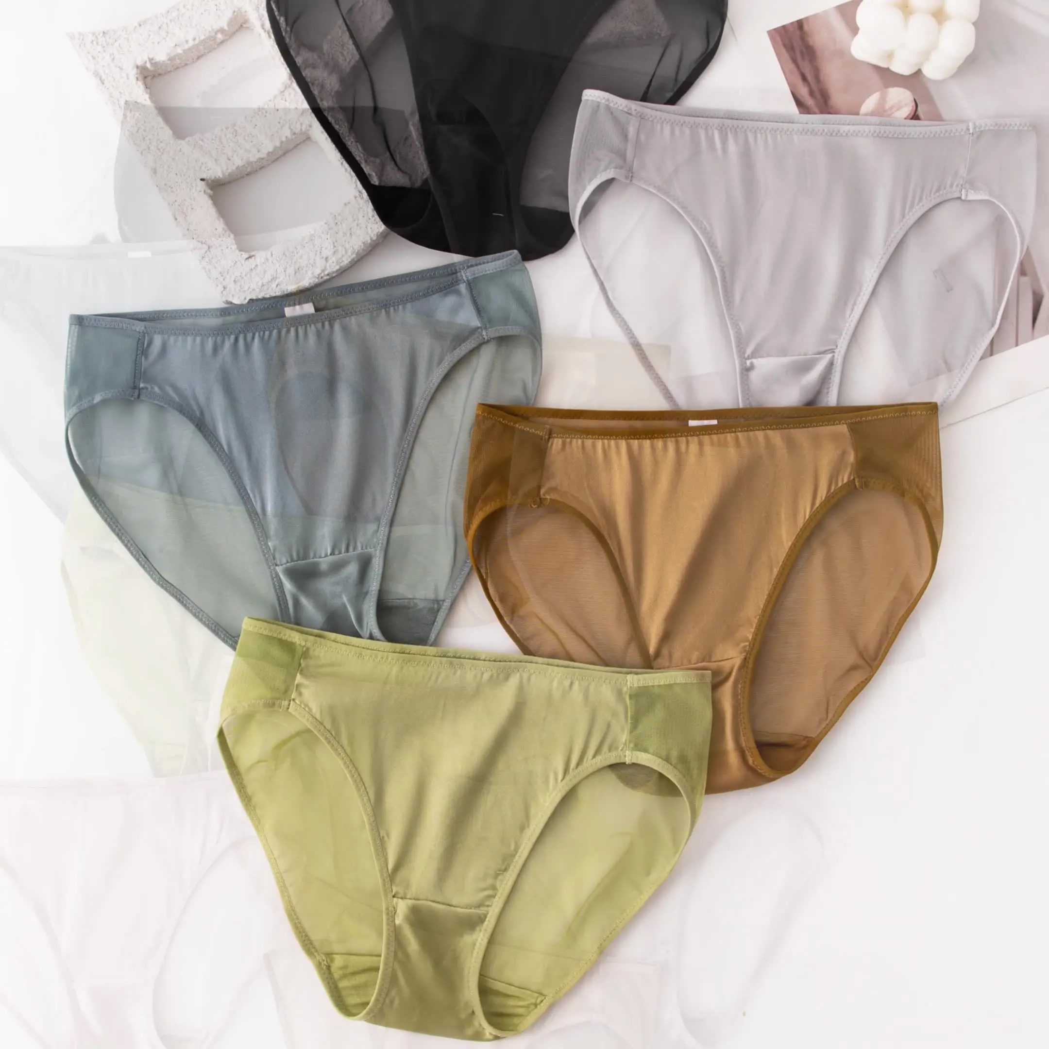 

4 sizes 100% Mulberry Silk Satin Mid-waist Briefs Women Summer Sexy Mesh Buttocks Seamless Panties Silky Underwear