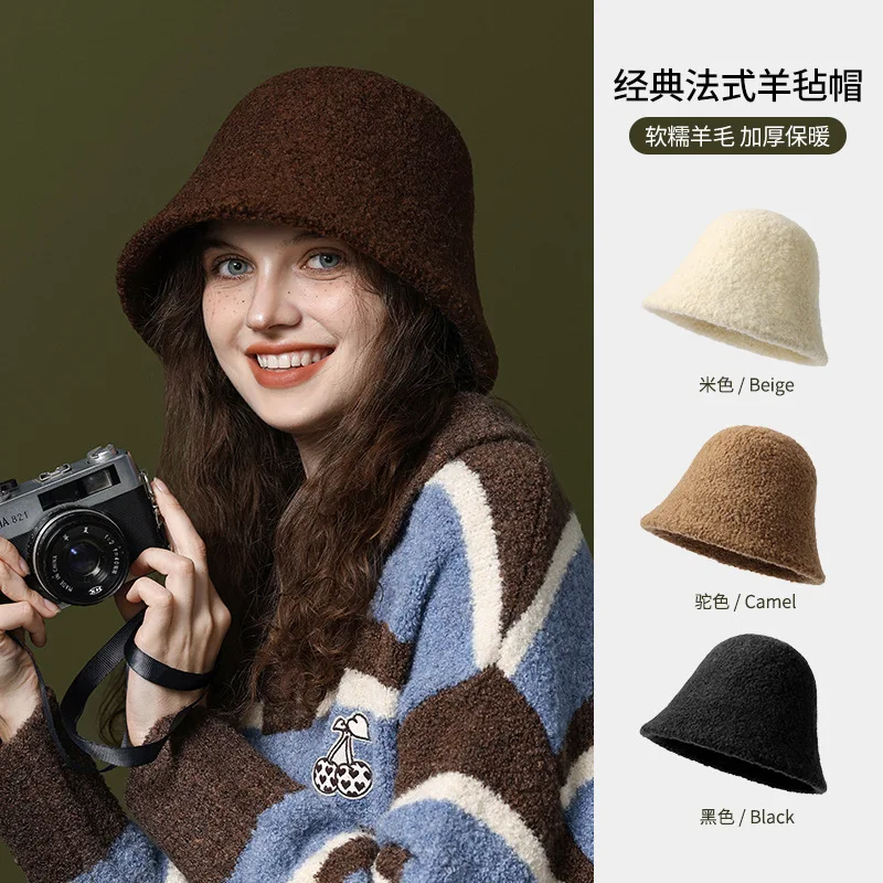 Sombrero Hat Fashion Winter Women Fisherman Hat Wool Blend Warm Pot Hat Big Head Show Face Small Sheep Felt Bucket  Big