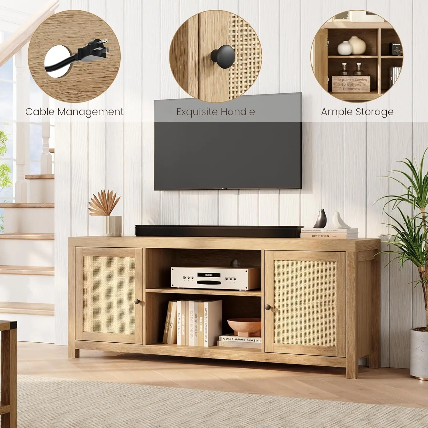 Porta TV per 65 pollici, con portaoggetti e porte, TV in legno e Console multimediale sotto mobili per mobile TV per soggiorno, rovere naturale