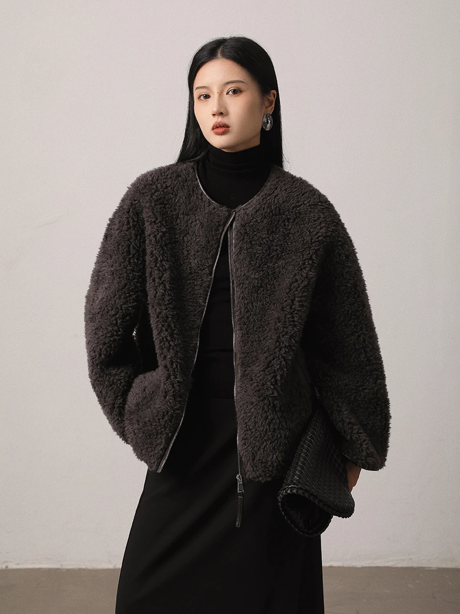 Vimore 00% ウールフロッキーレザーショートコート女性の冬用アウターウェア高級シルエット暖かさ一体型デザイン通勤スタイル