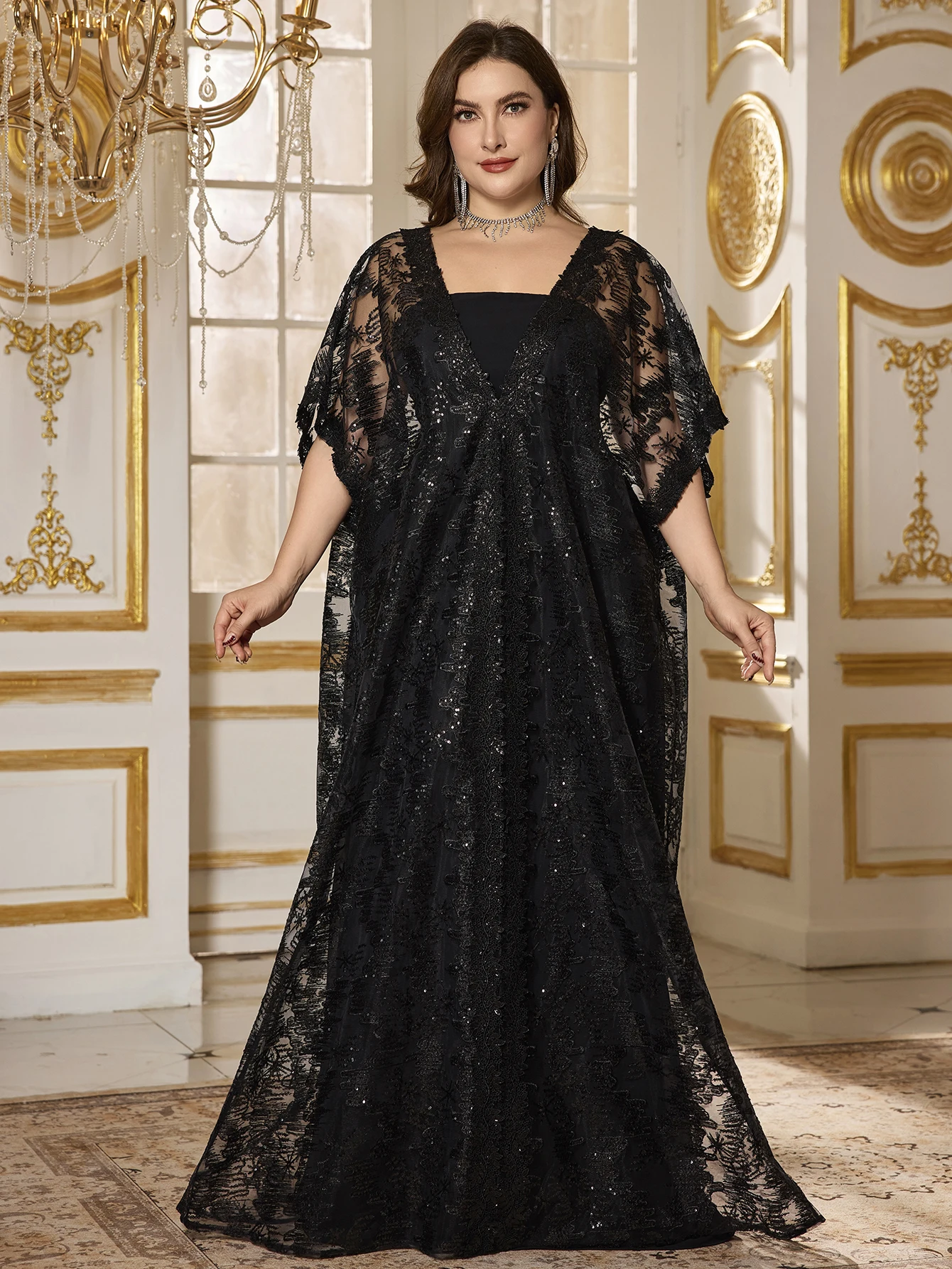 

UNITHORSE Plus Women's Tube Top Cape Sequin Embroidery Evening Dress