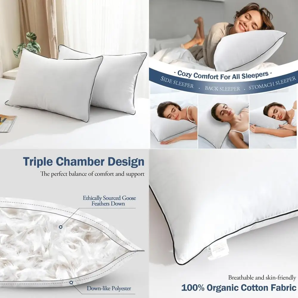 

Queen Size Goose Feather Down Pillows Set of 2 - Luxury Organic Cotton Covered Hotel-Quality Sleep Pillows