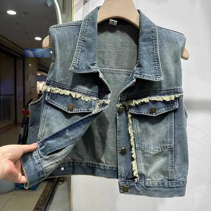 

2024 new fashion short raw edge denim vest Women spring autumn sleeveless jacket Vintage loose jeans waistcoat female tide T274