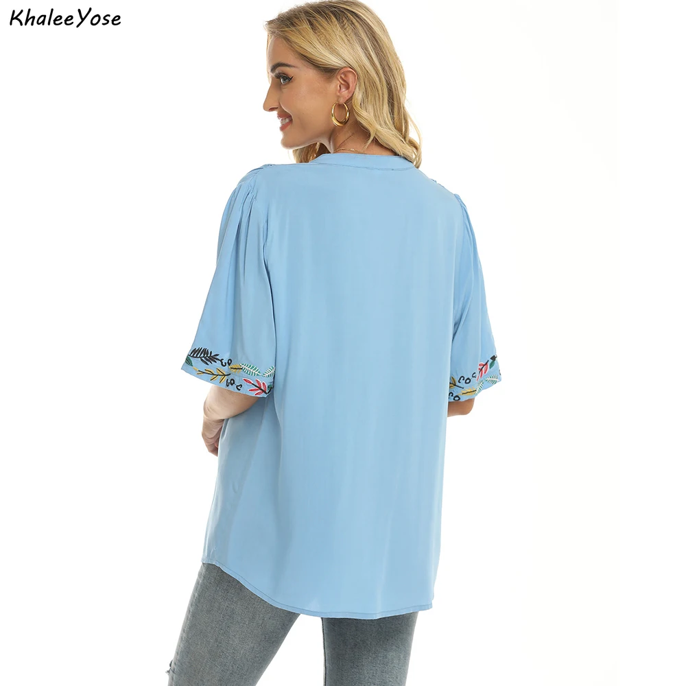 KHALEE YOSE Floral Embroidery Blouse Shirt Cotton Summer Chic Mexican Women Shirt Blue Loose 2xl 3xl Ethnic Ladies Shirt Tops