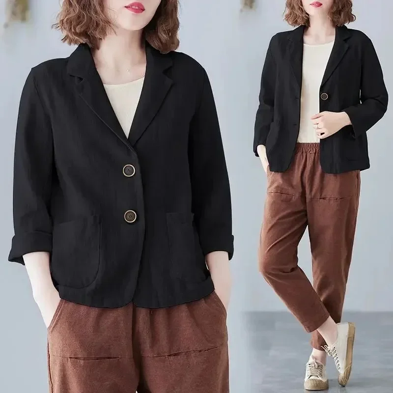 Ladies Cotton Linen Blazer Outerwear Korean Female Short Long Sleeved Suit Coat Spring Autumn Women Loose Fitting Blazer Jacket